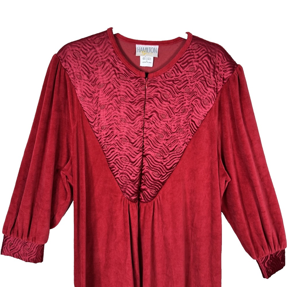 Vtg Hamilton Gold Red Velour Robe Womens 1X Pockets Long Sleeves Embroidered Zip